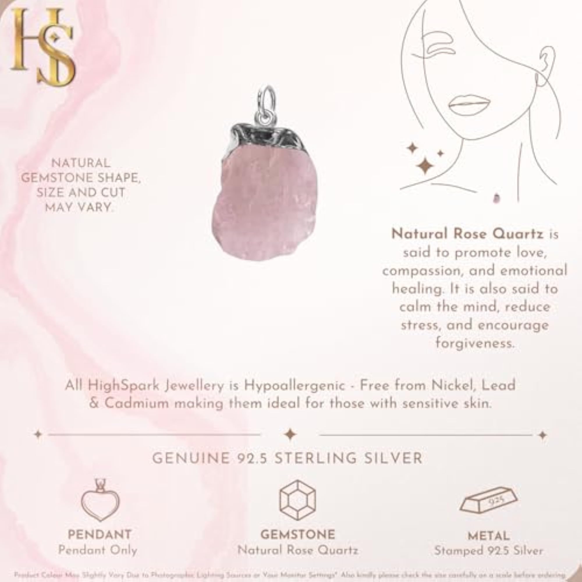 Women's 925 Natural Raw Gemstone Rough Cut Pendant, Rose Quartz